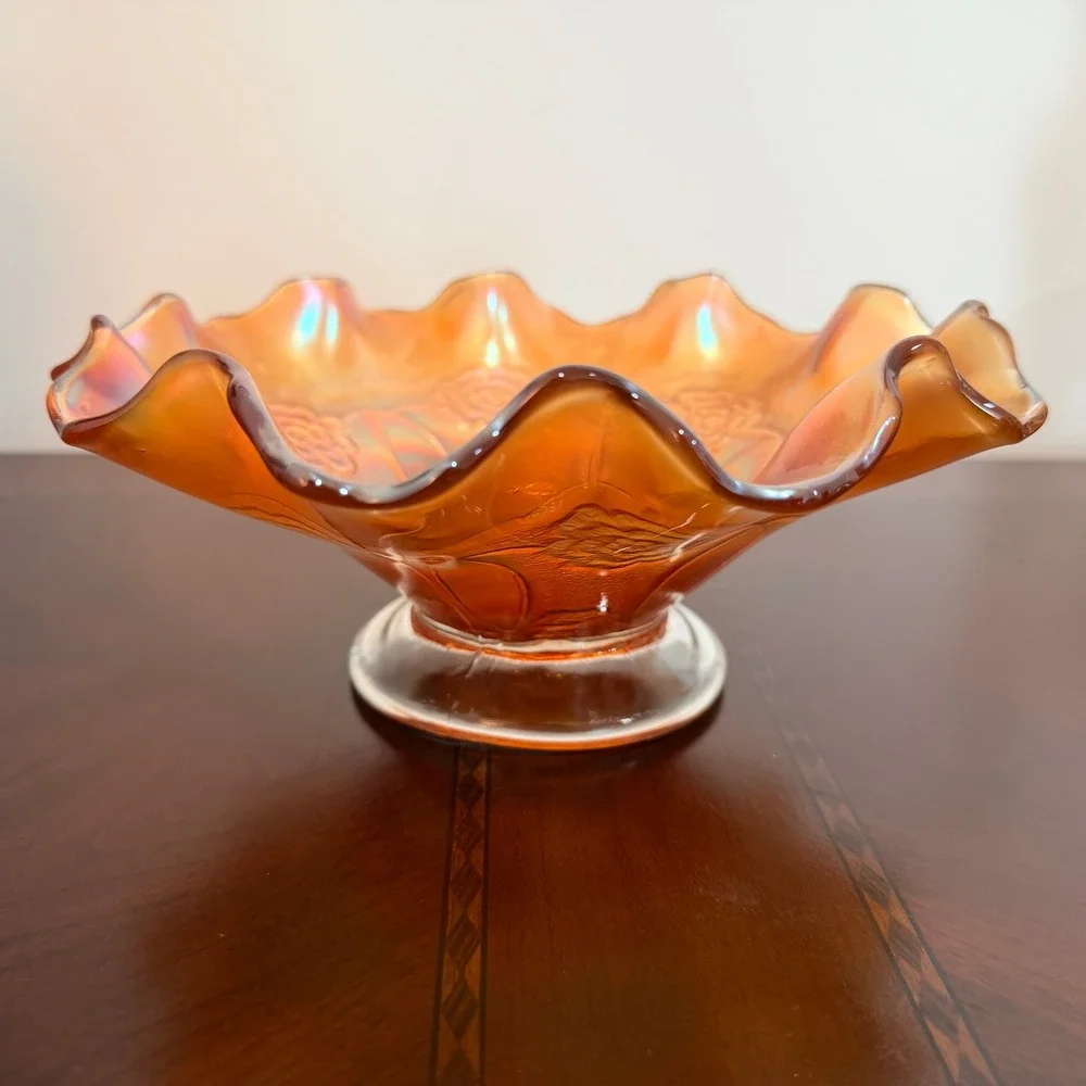 Vintage‎ Dugan Carnival Glass Bowl Marigold Ruffled Pedestal Compote Iridescent